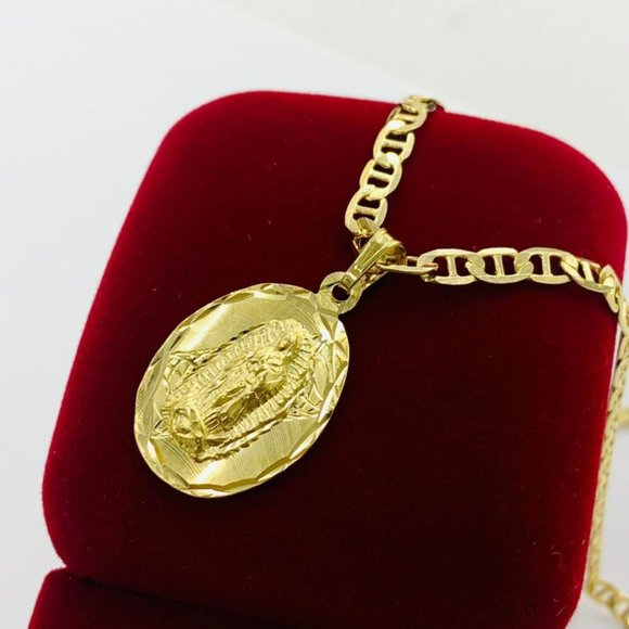 14K Yellow Gold F Virgen de Guadalupe Neckalace Charm 24" for Mens Mariner Chain - Picture 2 of 5